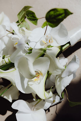 Exquisite close-up of a luxury bridal bouquet featuring white Phalaenopsis orchids and Calla lilies with fresh greenery, showcasing fine art floral textures for a high-end wedding in Vienna.
