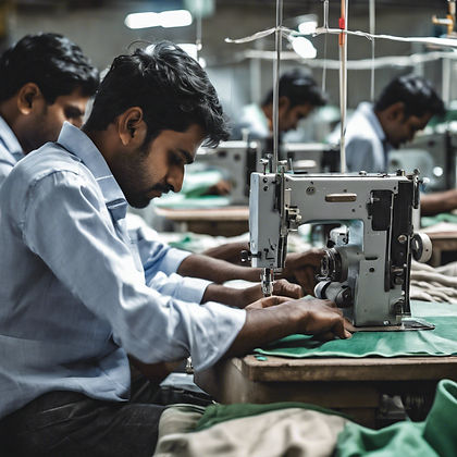 Indian men workers stitching clothes in automatic sewing machine .jpg