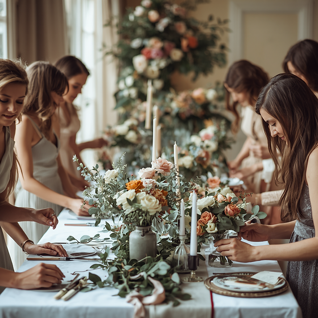 A bridal shower where the guests are creating their own flower bouquets with the help of a