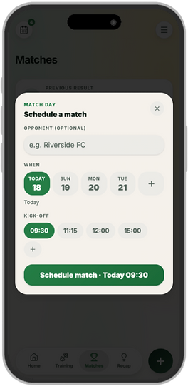DrillUp football coaching app showing training and match schedule with organised sessions, fixtures and coaching plans