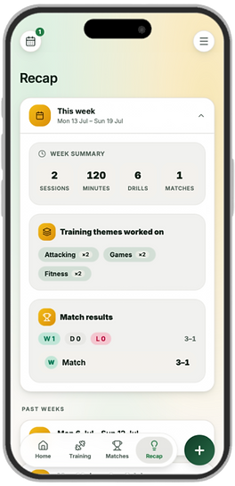 DrillUp football coaching app showing coach recap statistics with match results, completed football drills and weekly training minutes