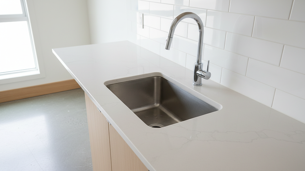 Eye-level view of a sparkling clean modern kitchen countertop