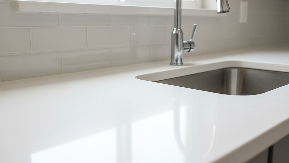 Eye-level view of a sparkling clean modern kitchen countertop