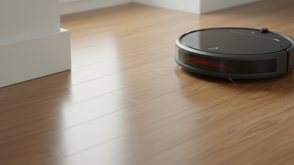 Close-up view of a vacuum cleaner cleaning hardwood floor