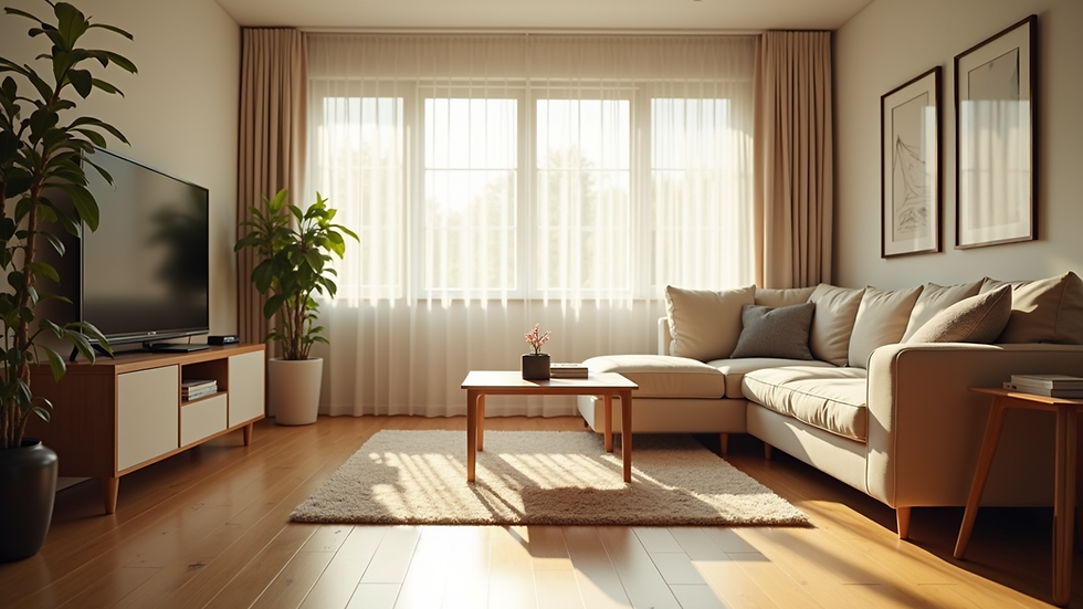 Eye-level view of a neat and organized living room with sunlight streaming through windows