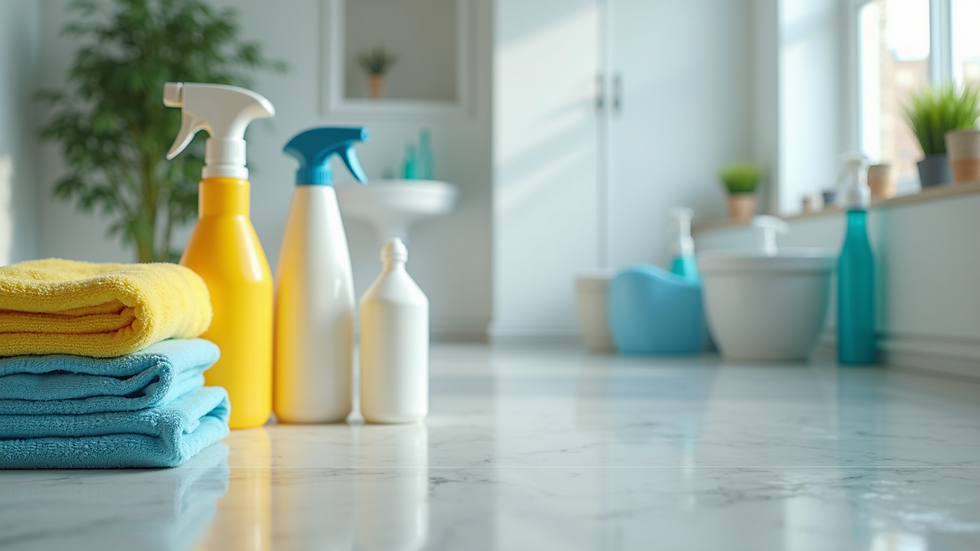 Close-up view of professional cleaning supplies arranged neatly