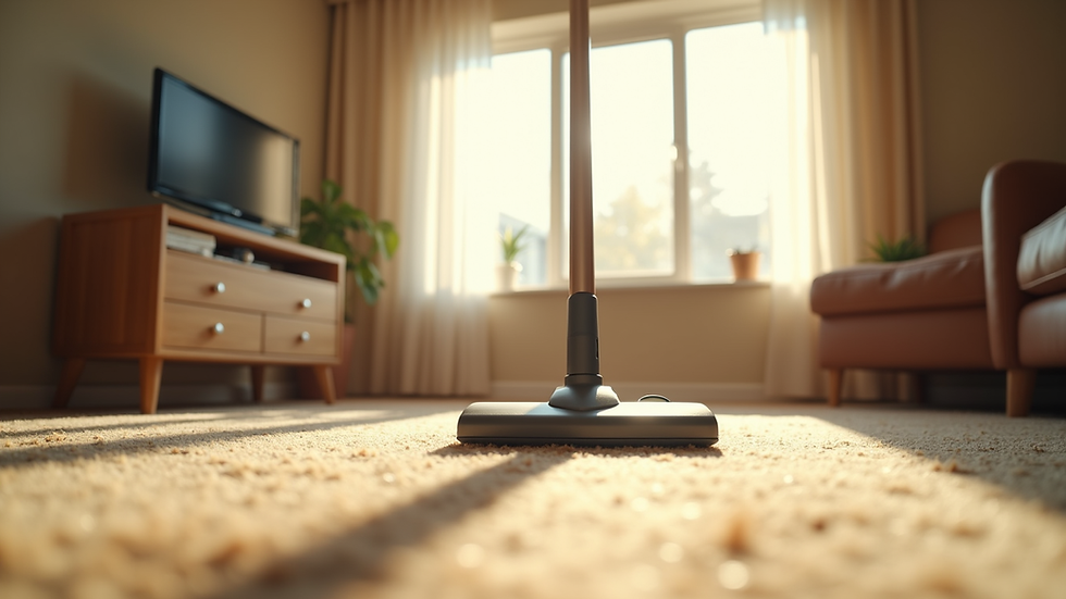 Eye-level view of a freshly vacuumed living room with sunlight streaming through windows