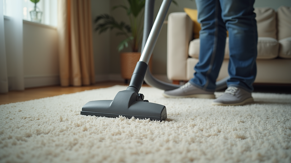 High angle view of a professional cleaner vacuuming a living room carpet