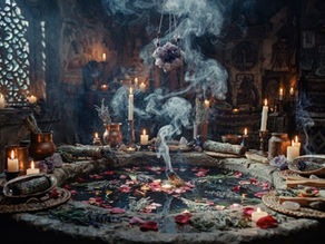 Spiritual cleansing ritual altar with candles, smoking herbs, and petals for clearing negative energy