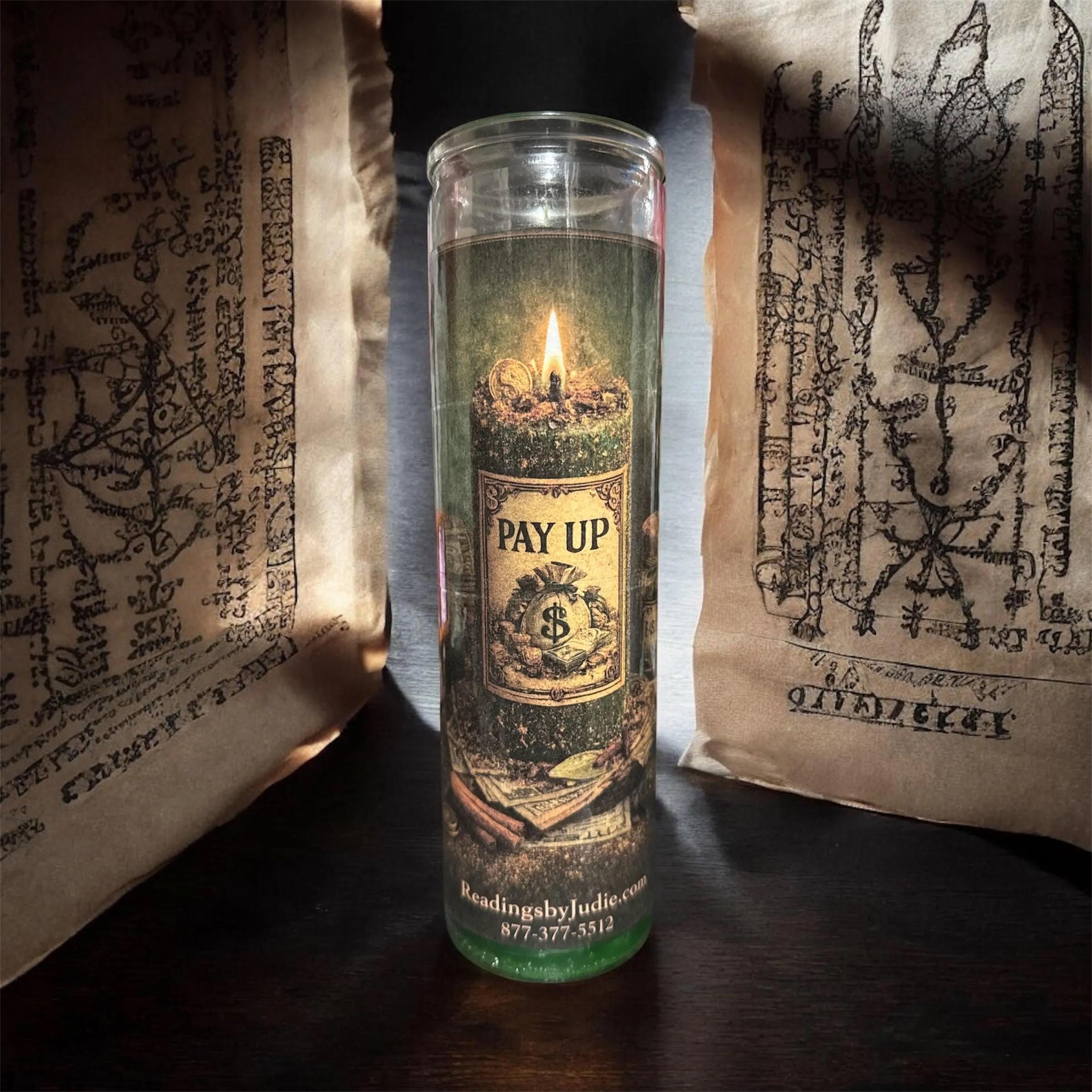 Pay Up Fixed Candle – 7 Day Money Return and Debt Collection Candle – handcrafted spiritual supplies Readings by Judie