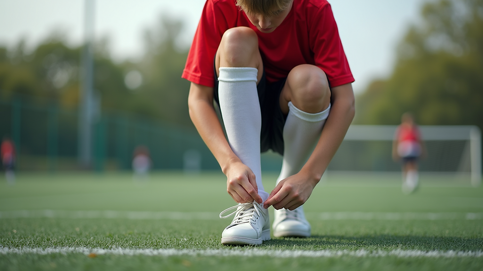 Eye-level view of a young athlete tying shoelaces on a sports field