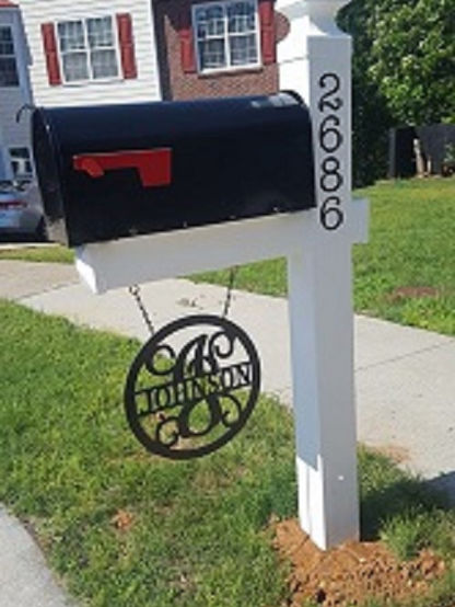 Personalized last name sign with an established date, hanging off a mailbox, expertly shaped from high-end metal ACM by PK Decor, perfect for outdoor adornment and mailbox decorations