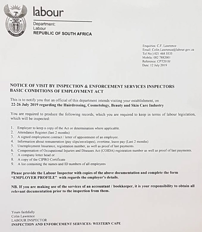 Bargaining Council Department of Labour Inspectors Visiting Salons