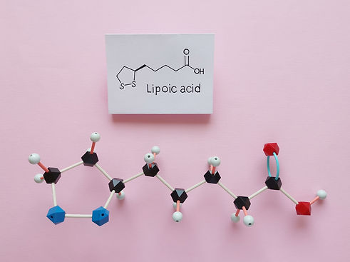 Structural chemical formula and molecular structure model of lipoic acid. Lipoic acid (ALA