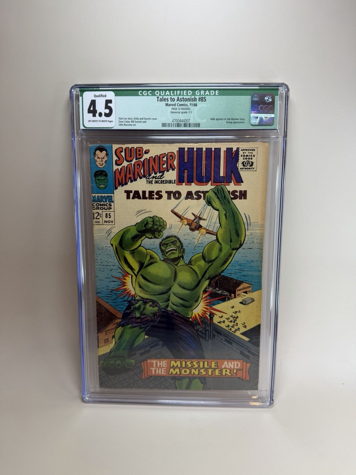 Tales to Astonish #85 CGC 4.5 Qualified Hulk 1966 Silver Age Missing Page