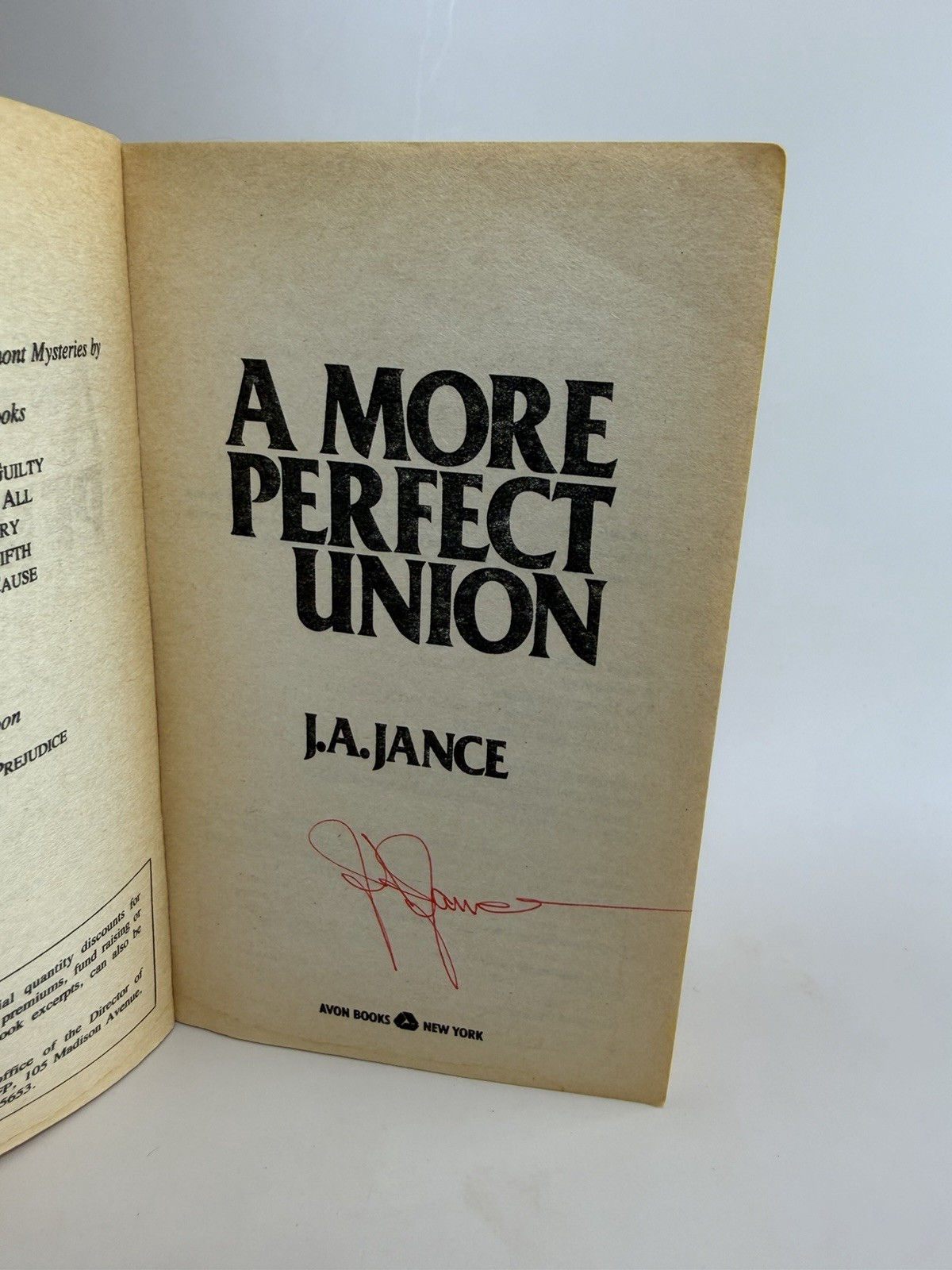 J.A. Jance Signed A More Perfect Union Autograph Mystery Book