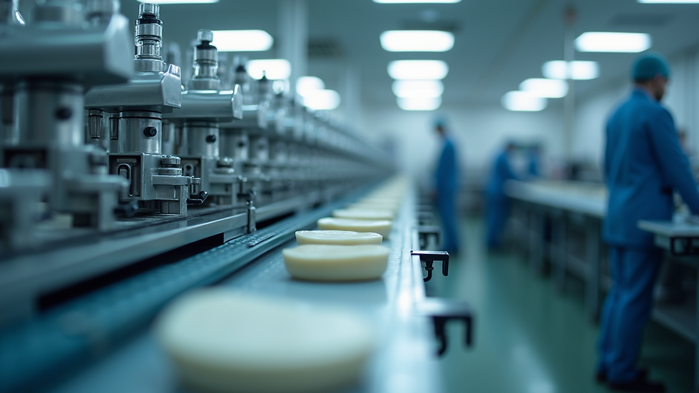 Eye-level view of a modern cosmetic manufacturing line with automated machinery