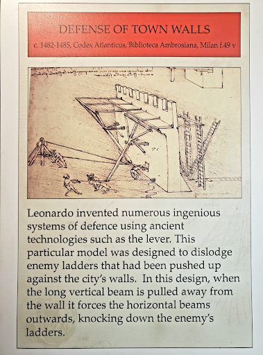 See how da Vinci placed the holes high off the ground as the walls were being built. This allowed them to have little impact on structural integrity, however, if someone placed a ladder on the outside seeking to gain illicit entrance, the townspeople could poke rods through the holes and push the ladders over. What a simple, yet elegant idea!