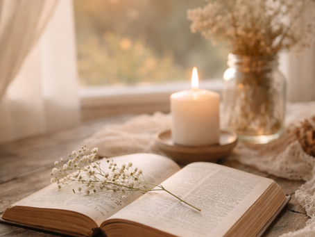 Open Bible with candlelight by a window at sunrise symbolizing reflection and eternity
