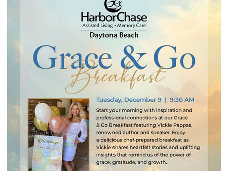 Grace & Go Breakfast event flyer for HarborChase Daytona Beach featuring speaker Vickie Pappas.