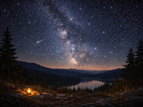 Starry night sky with the Milky Way over a peaceful lake and mountains, symbolizing God’s beauty and faithfulness