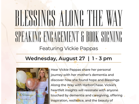 Flyer for Vickie Pappas speaking engagement and book signing at HarborChase Dr. Phillips Orlando