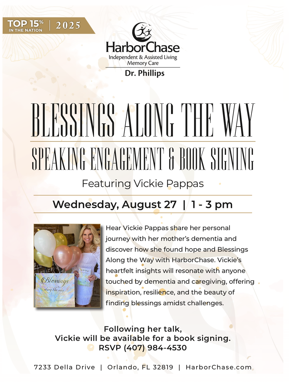 Flyer for Vickie Pappas speaking engagement and book signing at HarborChase Dr. Phillips Orlando