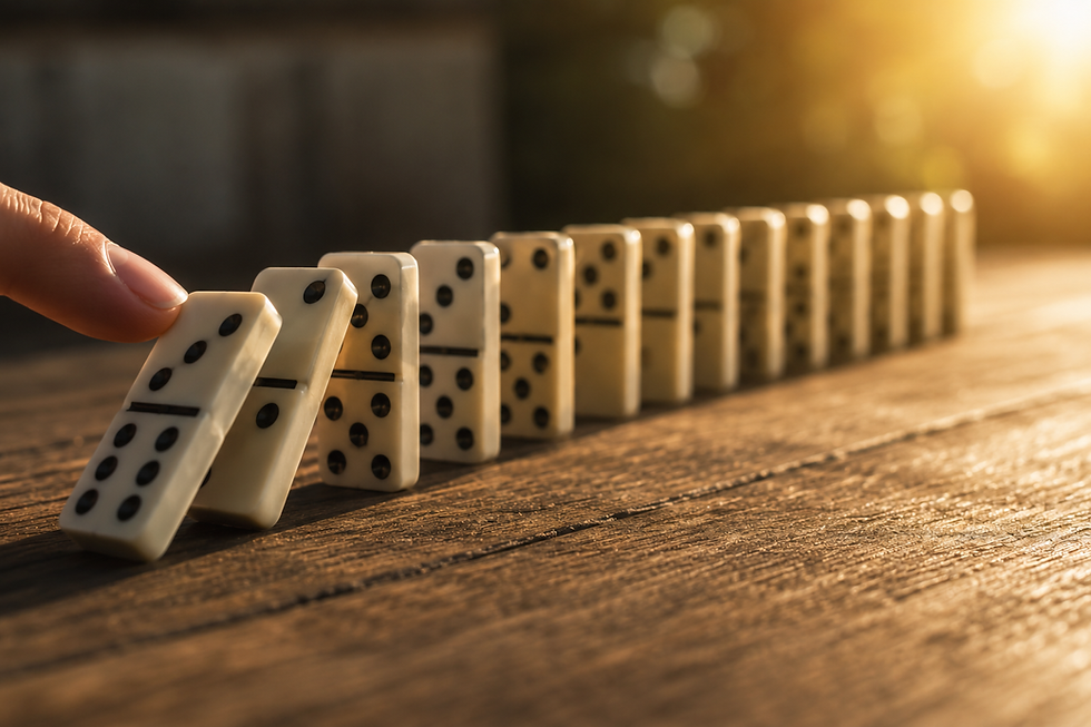 A hand gently tipping a line of dominoes, illustrating how one small act of faith can create a lasting chain reaction.