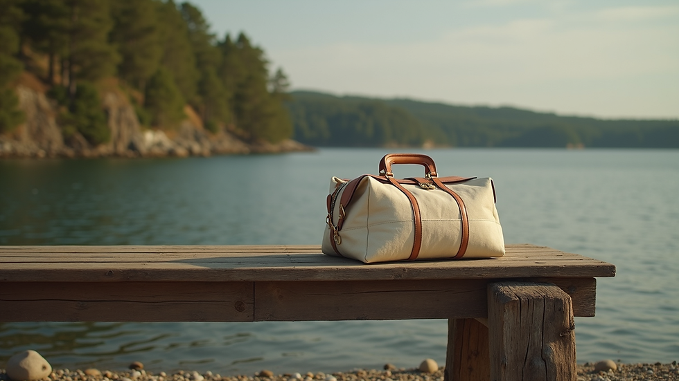 Vue en plongée d’un sac en toile robuste posé sur un banc en bois
