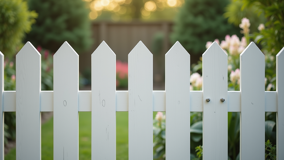Close-up view of a vinyl fence panel with a garden in the background