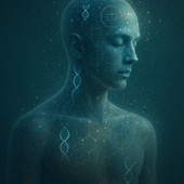 Ritratto surreale di un uomo semi-trasparente con occhi chiusi, immerso in un’atmosfera eterea blu-verde. All’interno del suo corpo si intravedono strutture di DNA, simboli geometrici e particelle luminose sospese, evocando un intreccio tra biologia e mistero cosmico. L'immagine esplora il concetto dei geni umani senza antenati noti.