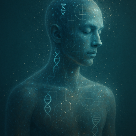 Ritratto surreale di un uomo semi-trasparente con occhi chiusi, immerso in un’atmosfera eterea blu-verde. All’interno del suo corpo si intravedono strutture di DNA, simboli geometrici e particelle luminose sospese, evocando un intreccio tra biologia e mistero cosmico. L'immagine esplora il concetto dei geni umani senza antenati noti.