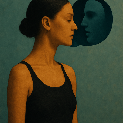Immagine concettuale e surreale che ritrae una figura umana divisa in due: da un lato un volto sereno e silenzioso, dall’altro una seconda testa trasparente che urla, distaccata dal corpo e sospesa nello spazio. Intorno, una nebbia luminosa e fili sottili simili a pensieri, che si dissolvono verso l’alto. L’opera evoca il distacco dalla voce interiore limitante e la ricerca di una nuova coscienza