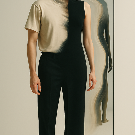 Due figure sovrapposte, metà uomo e metà donna, fuse in un unico corpo riflesso in uno specchio distorto, in un ambiente minimal dai toni beige e neri; simbolo di identità fluida e narrazione personale.