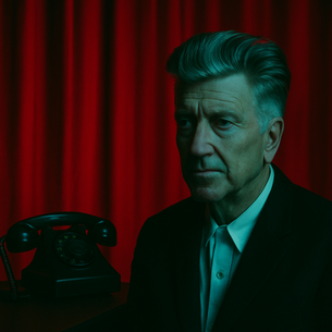 Uomo anziano con capelli pettinati e volto austero in luce teal-blu, accanto a un telefono vintage nero davanti a tende rosse; scena evocativa in stile David Lynch.