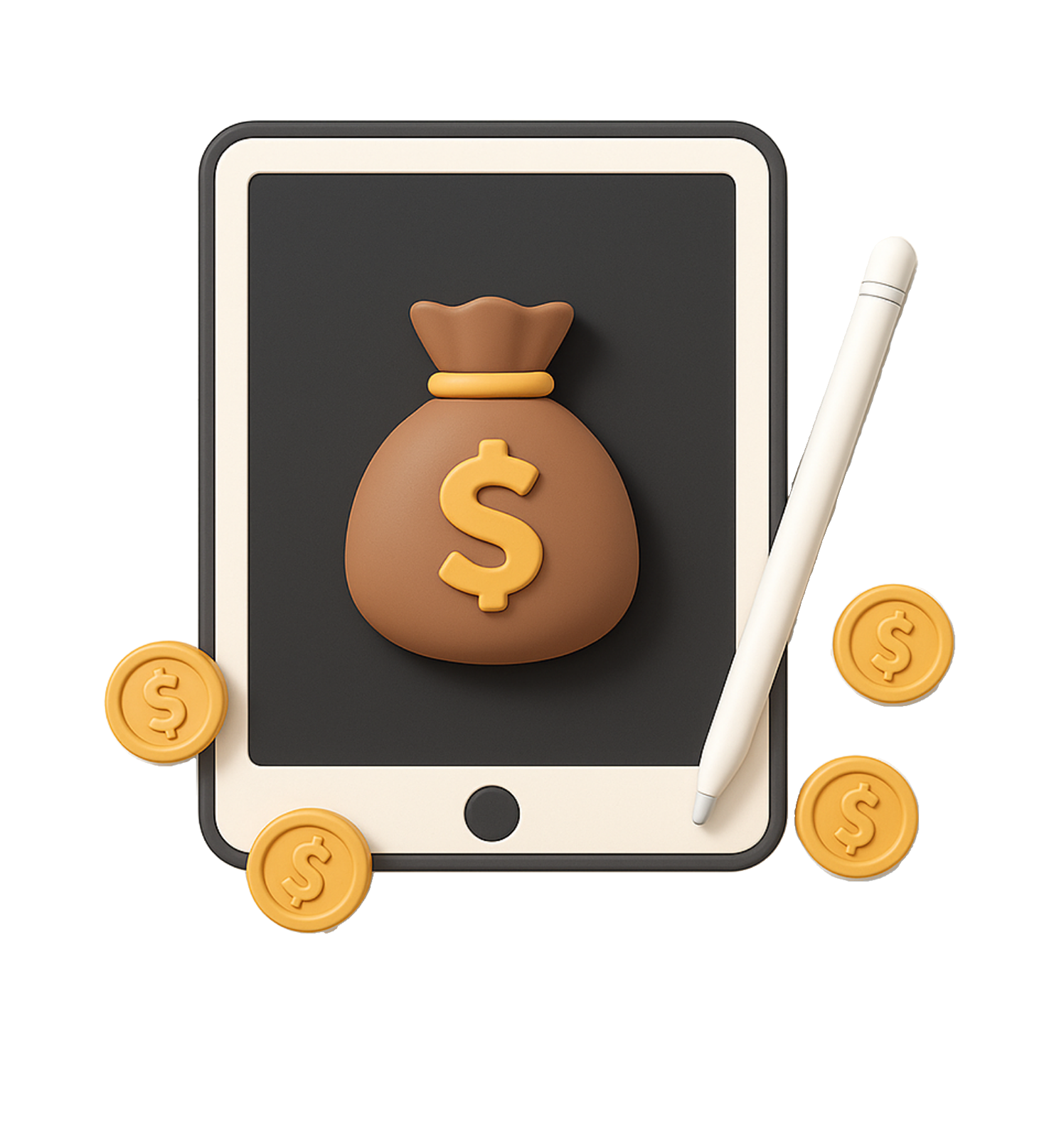 3D illustration of digital payments with a money bag, coins, tablet, and stylus