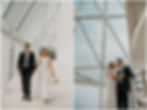 A bride and groom kiss underneath a skylight in the Buffalo AKG Art Museum.