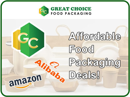 Assorted affordable food packaging options including biodegradable containers, resealable bags, and custom printed boxes on a wooden table.