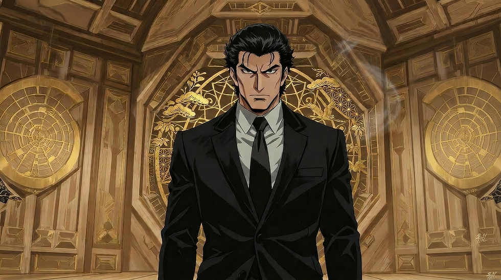 Stoic Japanese executive standing in a corridor