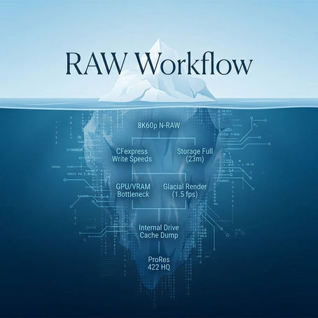 Illustration of an iceberg with a small visible tip labeled “RAW Workflow” and a large submerged section showing hidden technical challenges like CFexpress write speeds, GPU bottlenecks, storage limits, and ProRes conversion.