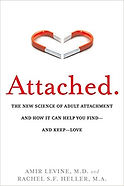 Book cover, Attached: The New Science of Adult Attachment and How It Can Help You Find--and Keep--Love, red title against white, magnets in the shape of a heart