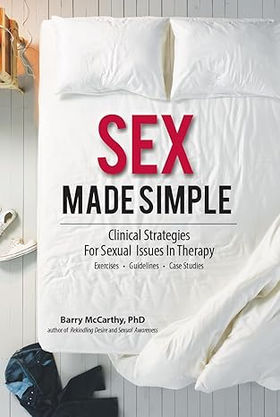 Book cover, Sex Made Simple: Clinical Strategies for Sexual Issues in Therapy, red and black title against backdrop of bed with white sheets