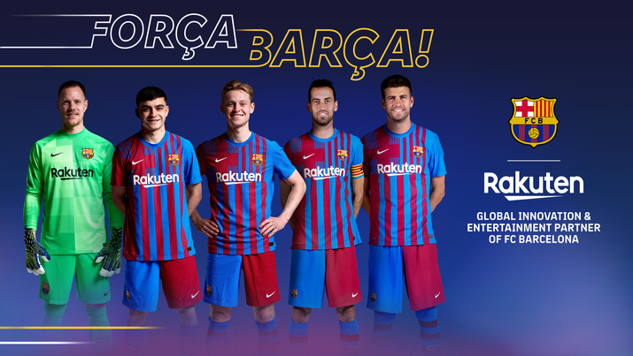 Five FC Barcelona players including Marc-André ter Stegen and Gerard Piqué in team kits under the text "FORÇA BARÇA!" The Rakuten logo appears alongside the text "Global Innovation & Entertainment Partner of FC Barcelona."
