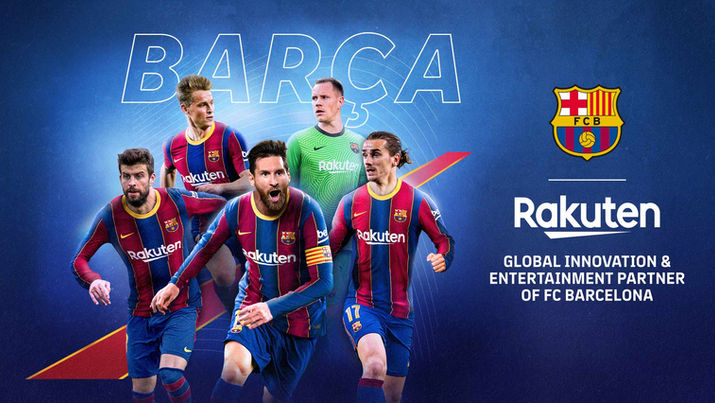Promotional graphic featuring FC Barcelona players including Lionel Messi and Antoine Griezmann under the word "BARÇA." Includes the Rakuten logo and text: "Global Innovation & Entertainment Partner of FC Barcelona."