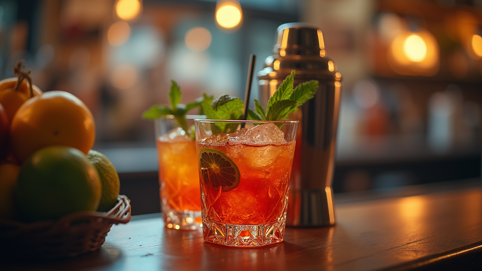 Eye-level view of a cocktail shaker with colorful ingredients