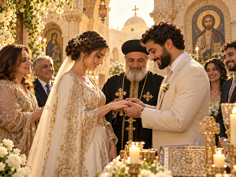 Coptic Orthodox wedding traditions meaning with couple and priest.