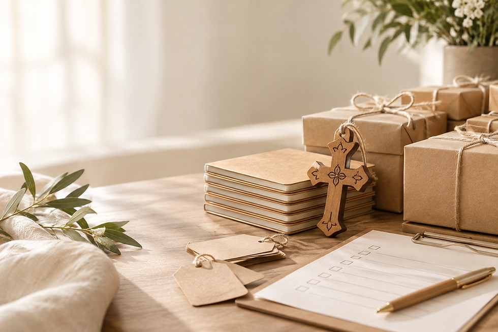 Editorial still life of Coptic Orthodox church-event gifts, notebooks, wooden cross, and gift boxes on a warm neutral tabletop