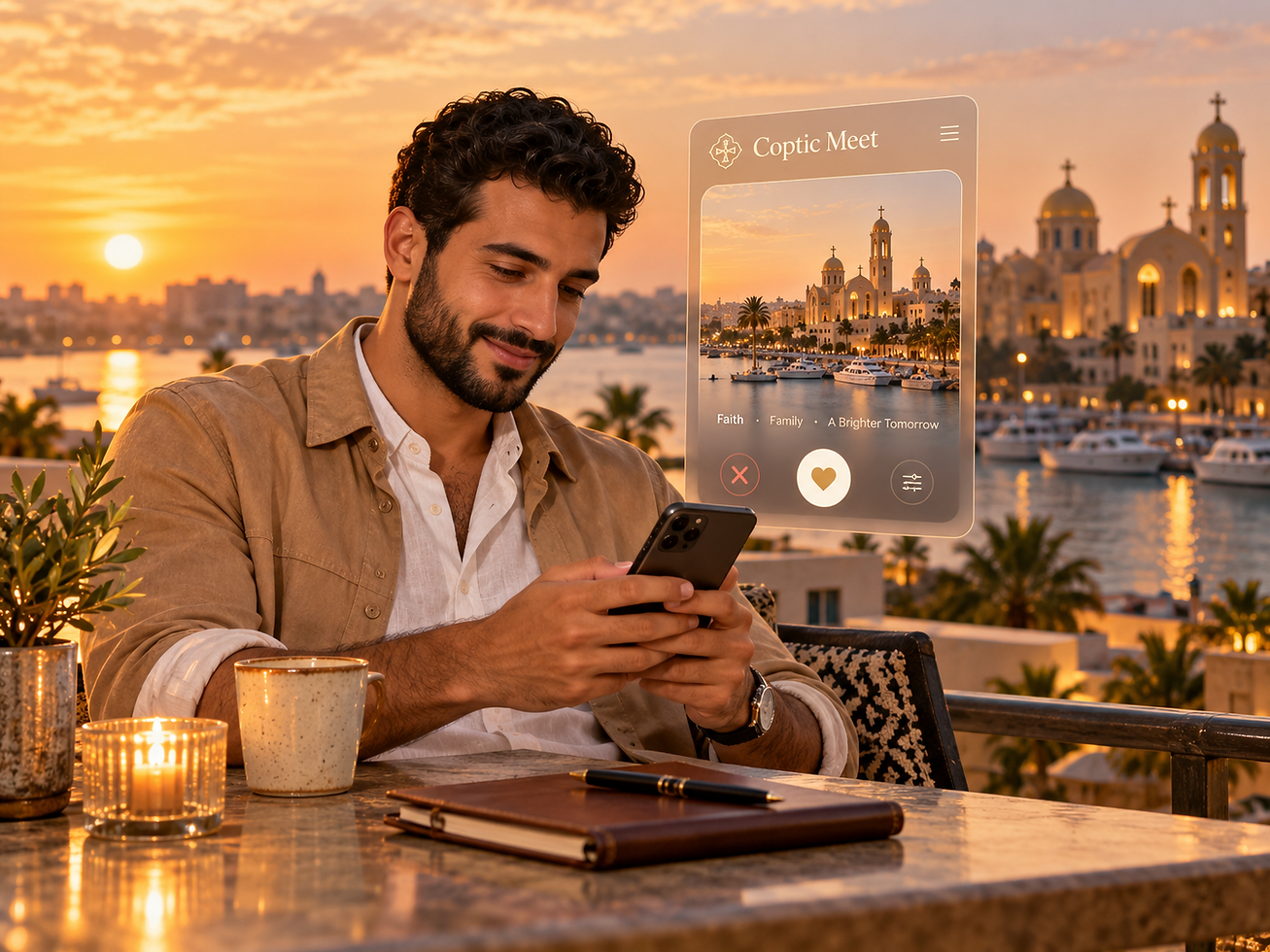 Man using Coptic Meet, a faith-based dating app, at sunset.