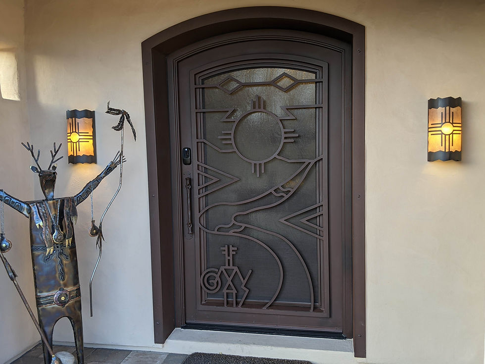 Close-up of the custom-designed iron front door