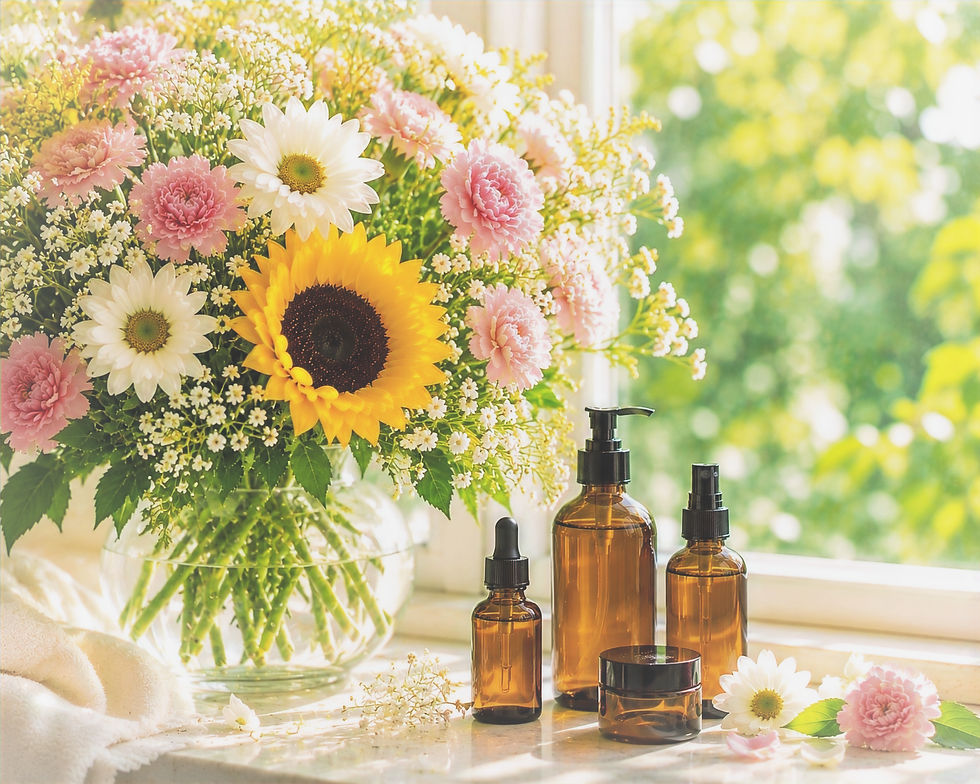 Eye-level view of a sunlit windowsill with summer skincare products and a small vase of fresh flowers